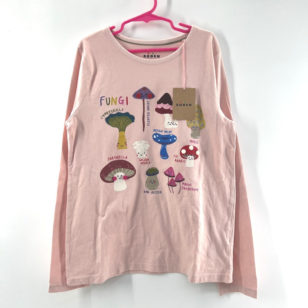 Mini Boden Graphic Tee Girls 11-12 Pink Mushroom Fungi Cotton Science Shirt Farm